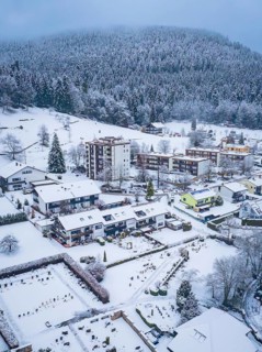 Village in the snow, surrounded by forest edge, with visible cemetery, Enzklösterle, district of