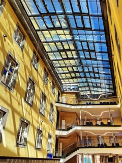 Interior view of the town hall, atrium with view of the town hall tower, Witten, Germany