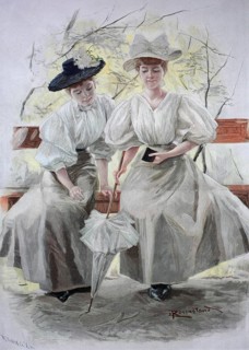 Two elegant young woman from better society on a park bench on Sunday afternoon. Colour print as