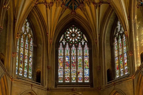 Stained glass window, former abbey church, Tewkesbury, Gloucestershire, England, United Kingdom