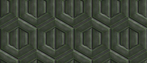A seamless, geometric wallpaper design featuring 3D hexagons outlined by vibrant green and dark