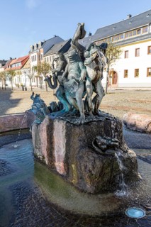 Frog fountain on the market square, Hartha, district of Central Saxony, Saxony, Germany