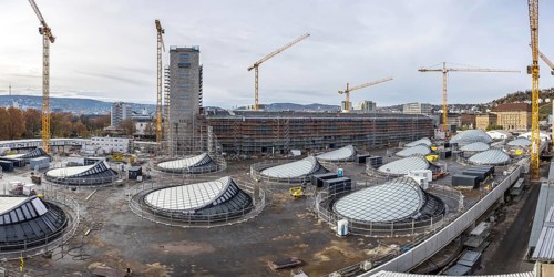 Stuttgart 21 construction site with light eyes on the roof of the Panorama transit station in