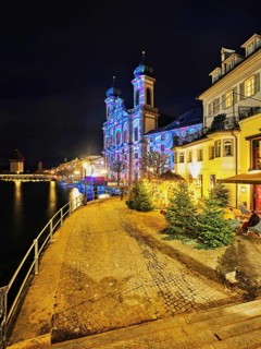 Jesuit Church, light installation at dusk, Old Town, Lilu, Light Festival 2023, Lucerne, Canton of