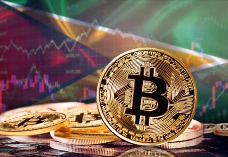 Bitcoin with Guyanese flag in the background. Investors in cryptocurrency and Blockchain Technology