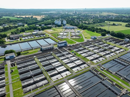 Dinslaken, North Rhine-Westphalia, Germany - Emscher-Eündung sewage treatment plant. The