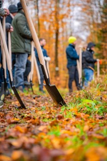 People standing in the forest with spades on the autumn ground, tree planting campaign, Waldbike