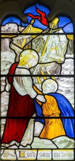 Detail of stained glass window Resurrection by Burlison & Grylls c 1880, Kelsale church, Suffolk,