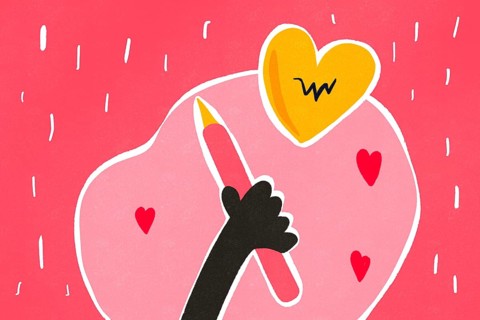 An artistic illustration of a black silhouette hand drawing a golden heart with a red pencil on a