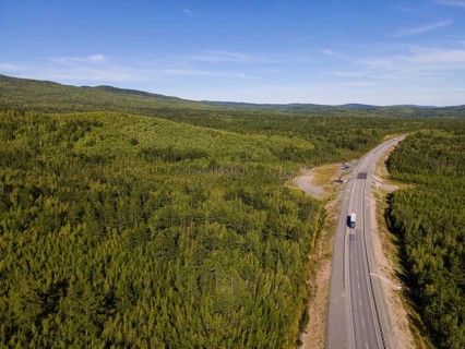A long, winding road cuts through the dense green forests of Vladivostok, Russia. The landscape