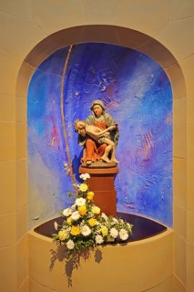 Pieta with bouquet of flowers, Mother of God, death, Jesus, carrying in arms, blue, modern art,