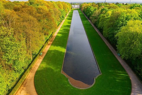 Aerial view of Spiegelweiher and Benrath Palace and Park, Düsseldorf, Germany