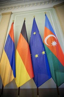 Trilateral meeting at Villa Borsig between Germany, Armenia and Azerbaijan. Flags of Germany,