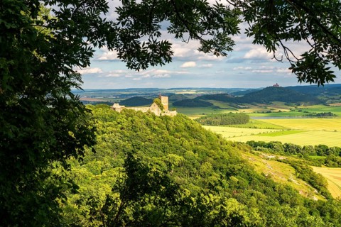 View of the landscape with the ruins of Gleichen Castle, Wachsenburg Castle Ensemble Drei Gleichen,