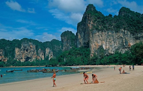 People, longtail boats, beach, Railay West, two years in front of the tsunami, Krabi, Thailand,