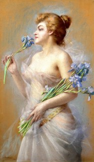 Woman with Irises, Femme aux iris, an important pastel painting by the French academic painter