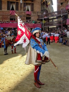 Il Palio di Siena, historical horse race, entry of the contrade with flags into the arena, flag