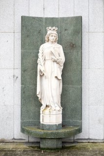 Marble statue crowned female figure holding dove and palm frond representing Peace, sculptor Harry