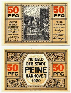 Banknote, emergency money, war emergency money, 50 Pfennig, town of Peine, 1920, Germany,
