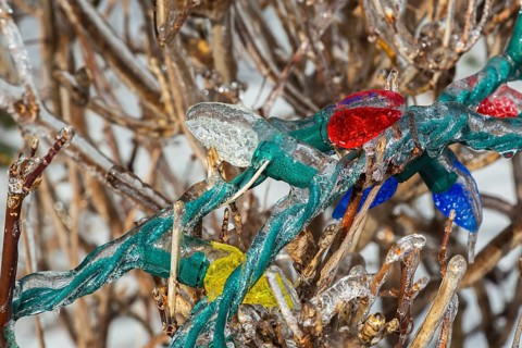 Close-up of red, white, yellow and blue outdoor Christmas tree lights covered with thick ice after