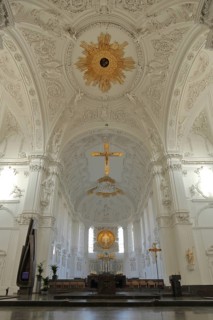 Interior view with ceiling fresco and crucifix from the Romanesque UNESCO Kiliansdom, St. Kilian,