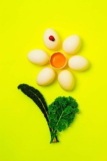 Fresh eggs, on a yellow background, in the shape of a chamomile with cabbage leaves, top view,