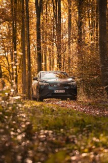 Car in a quiet autumn forest, surrounded by glowing leaves and warm light, electric car VW ID5,