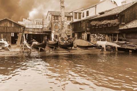 Boatyard for Venetian gondolas in the Dorsoduro district, Sepia, Venice, Veneto, Italy