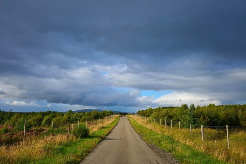 A straight road through a green landscape under a cloudy sky, Lairg, Scotland, United Kingdom,