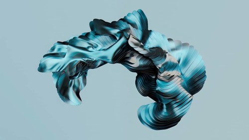 Abstract 3D shape with fluid, organic curves in shades of metallic blue, creating a dynamic and