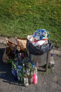 Bochum, North Rhine-Westphalia, Germany - Overfilled rubbish bin in Westpark in Bochum Stahlhausen