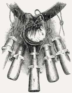 17th century bandolier, strap attached with powder charges and bulletbag, From British Battles on
