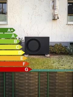 A black heat pump with efficiency classes according to the GEG in a front garden in Langenfeld,