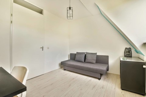 A chic and simple interior space featuring a grey sofa, light wood flooring, and sleek lines,