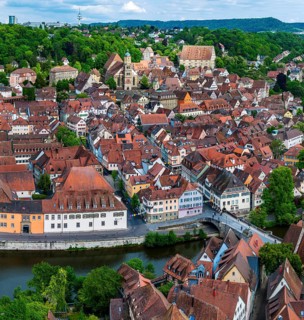 Town view of Schwäbisch Hall. View of the sights of the old town with the parish church of St