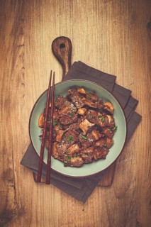 Bulgogi, with mushrooms, with sesame seeds and green onions, Korean cuisine, homemade, no people