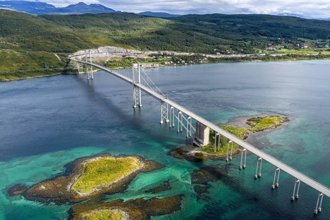 Aerial view of Tjeldsundbrua bridge south of Harstad, Norway