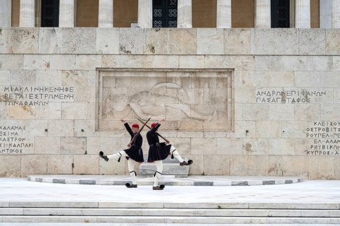 Athens, Greece. April 24th 2025. Changing of the Evzones Military Guard at the Tomb of the Unknown