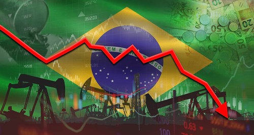 Fall oil price with Brazilian flag on economic chart. Petrol crisis with Brazilian flag on