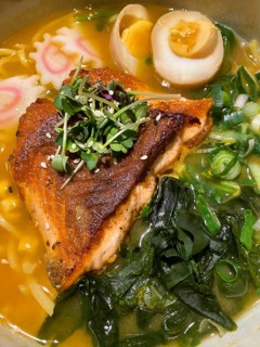 Ramen with udon noodles, salmon, egg, Stuttgart, Baden-Württemberg, Germany
