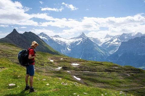 Hikers in front of picturesque mountain landscape, Schreckhorn and Finsteraarhorn peaks, Bernese