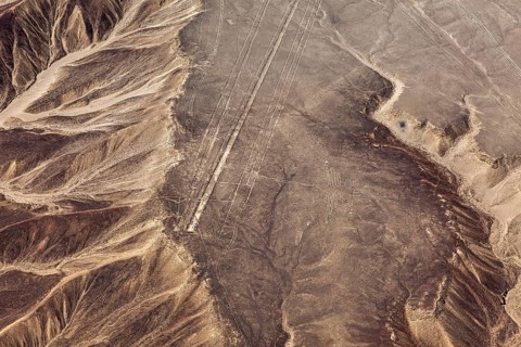 Geoglyphs and different textures of a desert landscape from the air, The geoglyphs and images in