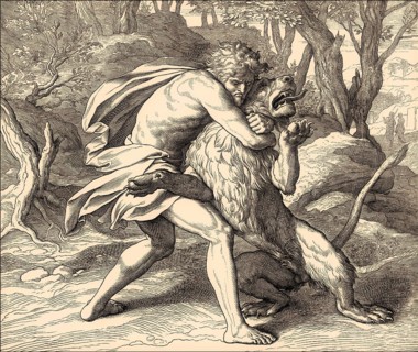 Samson Slaying the Lion, Old Testament, by Julius Schnorr von Carolsfeld, 1860