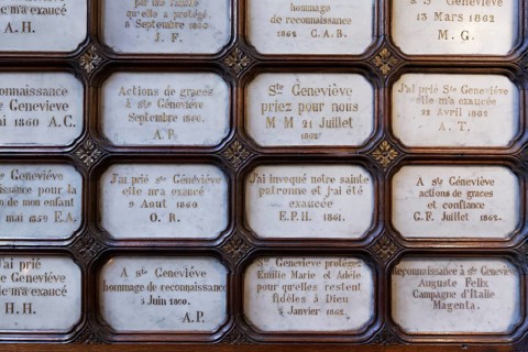 Historic Saint-Étienne-du-Mont church, votive tablets from the 19th century, in thanks to Saint