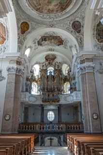 Church, Baroque Basilica of St. Mang, interior view, organ and ceiling frescoes, Füssen, Ostallgäu,