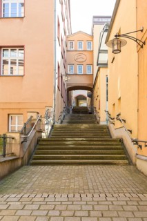 Archway at the New Town Hall with stairs at the portico, the passageway to the
