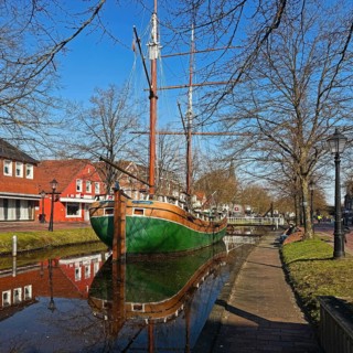 Open-air shipping museum on the main canal with the museum ship Kuff Margaretha von Papenburg,