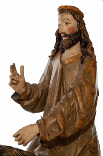Palmesel, detail of Christ's head, wooden figure from 1470, on a white background, Franciscan