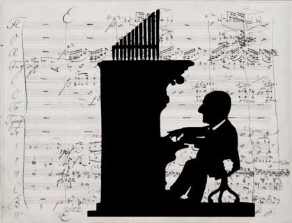 Anton Bruckner playing organ, Silhouette print by Hans Schließmann, Symphony No. 4, handwritten bei