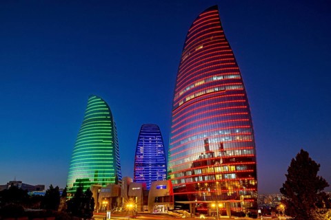 Azerbaijan, Baku, Flame Towers at night, Europe, Asia